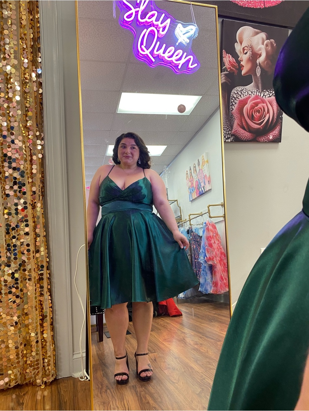 Plus Size Emerald Green Satin Fit & Flare Mini Dress with Spaghetti Straps